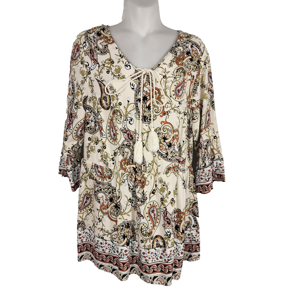 Bloomchic Womens Blouse Boho Print Tie Knot Tassels Crisscoss 3/4 Bell Sleeve 12